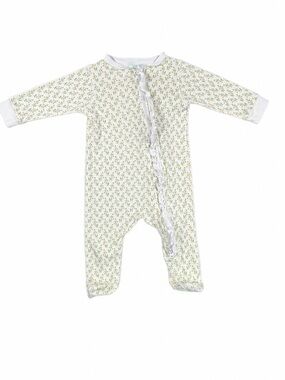 FEATHER BABY Ruffled Zipper Footie with Yellow and Green Floral Print - 3-6M